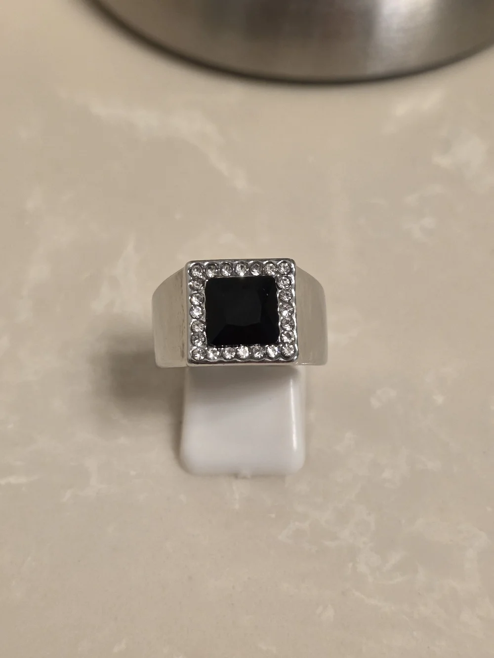 Men's Silver CZ and Onyx Statement Ring Size 8